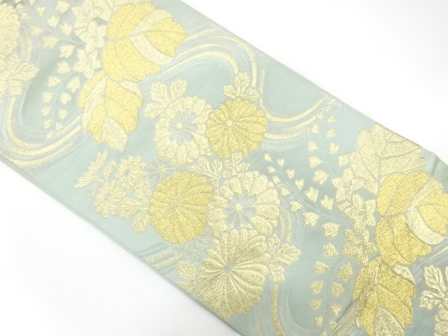 JAPANESE KIMONO / ANTIQUE FUKURO OBI / SILK / WOVEN STREAM & KIKU & PAULOWNIA